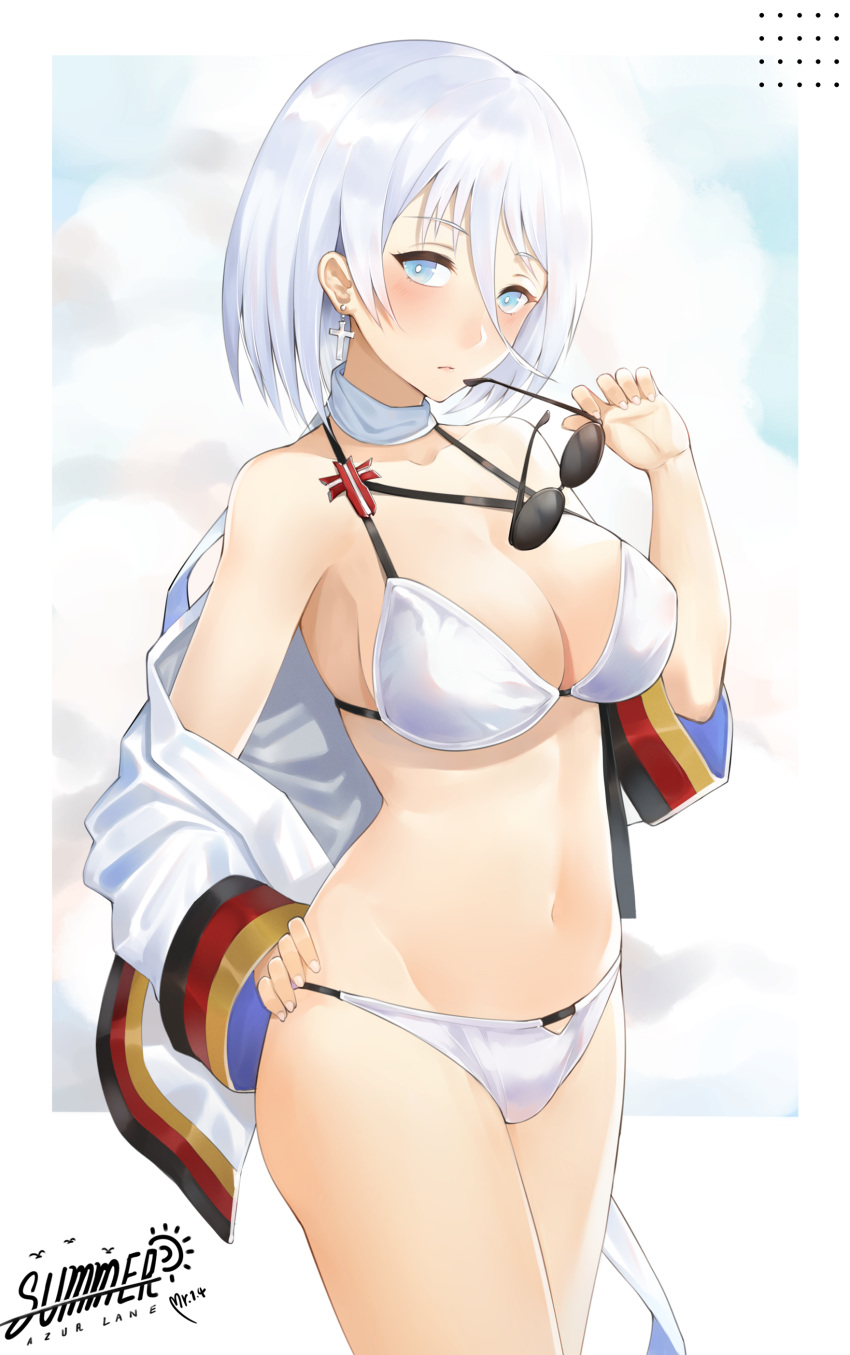 1girl absurdres alternate_costume armpits azur_lane baggy_clothes bangs bikini blue_eyes breasts cleavage coat collarbone cowboy_shot cross cross_earrings earrings eyewear_on_head eyewear_removed groin hair_between_eyes hand_on_eyewear hand_on_hip highres holding holding_eyewear jewelry large_breasts looking_at_viewer navel parted_lips scarf short_hair sidelocks signature silver_hair simple_background skindentation solo sparkle stomach sunglasses swimsuit thighs tirpitz_(azur_lane) wet white_background white_bikini white_coat white_scarf yueguang_zhanglang