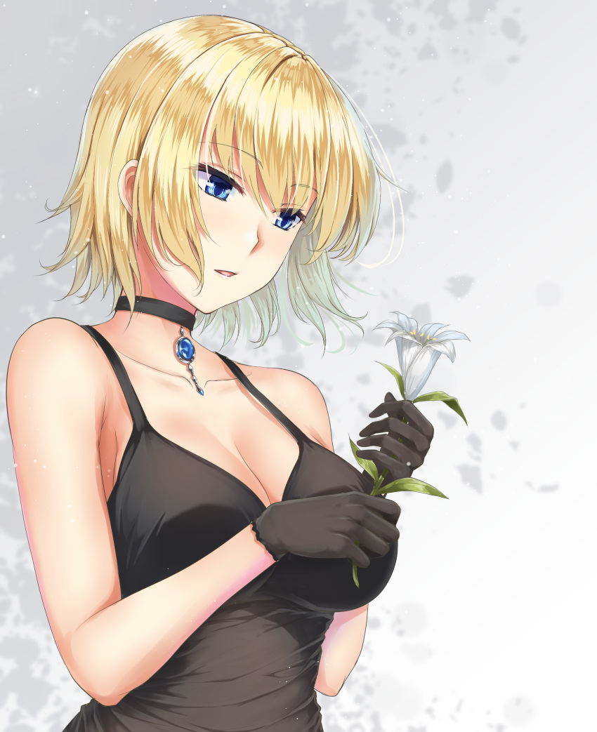 1girl alternate_costume alternate_hair_length alternate_hairstyle bangs bare_arms bare_shoulders black_choker black_gloves black_tank_top blonde_hair blue_eyes breasts choker cleavage collarbone commentary_request eyebrows_visible_through_hair fate/apocrypha fate_(series) floating_hair flower gem gloves grey_background hair_between_eyes half-closed_eyes highres holding holding_flower jeanne_d'arc_(fate) jeanne_d'arc_(fate)_(all) large_breasts lily_(flower) looking_down parted_lips primamiya shiny shiny_hair short_hair sleeveless solo tank_top upper_body white_flower