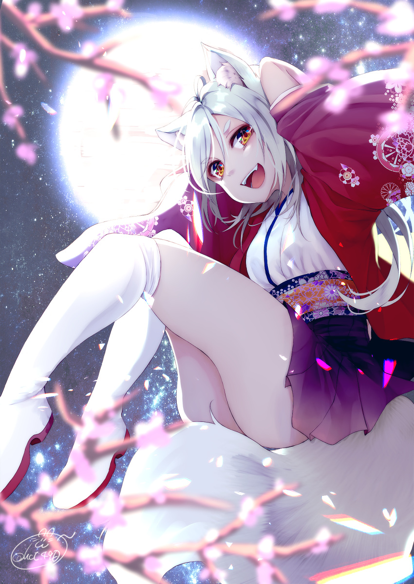 1girl :d animal_ears antenna_hair ass bangs black_skirt blurry blurry_foreground boots breasts chita_(ketchup) commentary_request depth_of_field eyebrows_visible_through_hair fangs floral_print fox_ears fox_girl fox_tail full_moon glowing hair_between_eyes haori highres japanese_clothes kimono long_hair long_sleeves looking_at_viewer medium_breasts moon night night_sky obi open_mouth original pleated_skirt print_obi red_eyes sash short_kimono signature silver_hair skirt sky smile solo tail thick_eyebrows thigh-highs thigh_boots very_long_hair white_footwear white_kimono white_legwear wide_sleeves