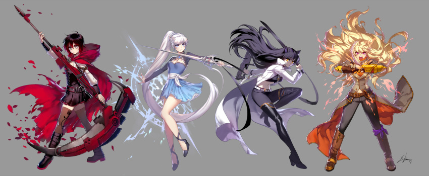 4girls animal_ears black_hair blake_belladonna blonde_hair blue_eyes boots cape cat_ears corset cross-laced_footwear dress ein_lee frilled_dress frills gradient_hair grey_eyes highres katana lace-up_boots long_hair long_sleeves multicolored_hair multiple_girls official_art ponytail prosthesis prosthetic_arm puffy_short_sleeves puffy_sleeves rapier red_cape red_eyes redhead ribbon ruby_rose rwby scar scar_across_eye scythe short_hair short_sleeves side_ponytail sword two-tone_hair violet_eyes wavy_hair weapon weiss_schnee white_hair yang_xiao_long yellow_eyes
