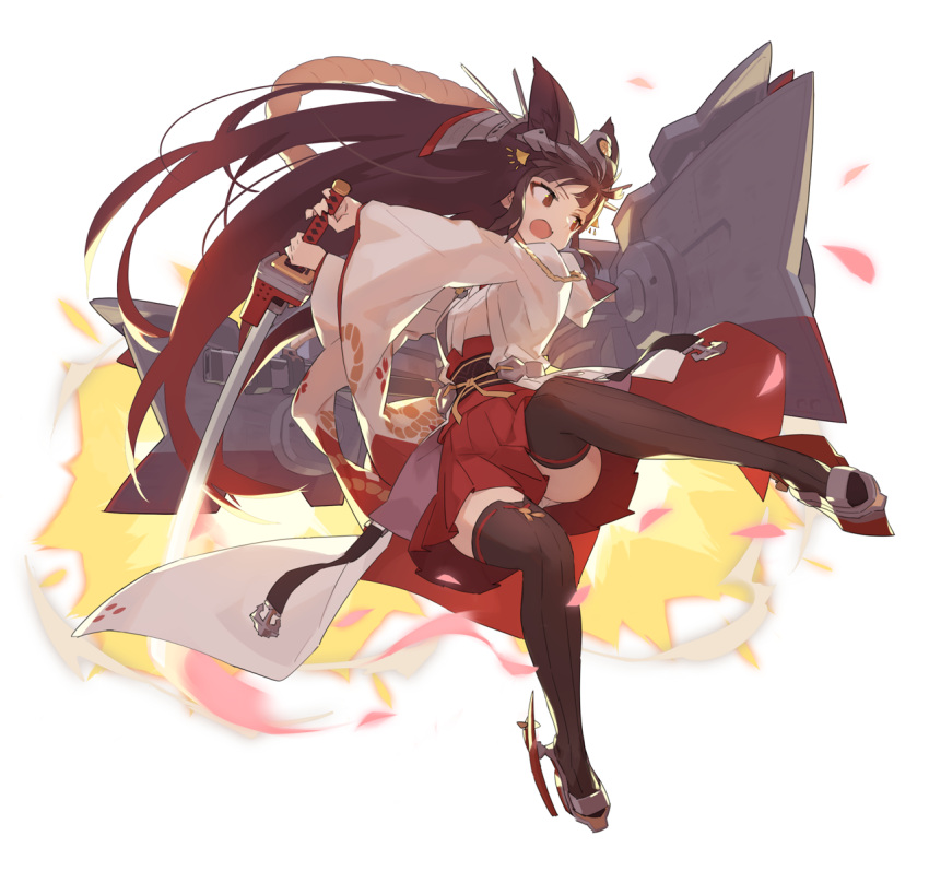 1girl animal_ears arms_up azur_lane black_hair black_legwear brown_eyes explosion fang fox_ears highres holding isu_(is15u) japanese_clothes long_hair miko miniskirt nagato_(azur_lane) open_mouth panties panty_peek red_skirt shirt shoes skirt solo sword thigh-highs underwear weapon white_panties white_shirt