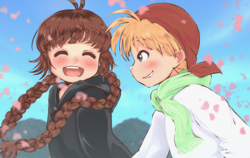 1boy 1girl :d ahoge bandanna black_robe blonde_hair blue_sky blush braid brown_hair closed_eyes day facing_viewer gakukuru green_scarf hetero highres kukuri laughing looking_at_another mahoujin_guruguru nike_(mahoujin_guruguru) open_mouth outdoors petals profile red_bandana robe scarf sky smile twin_braids upper_body