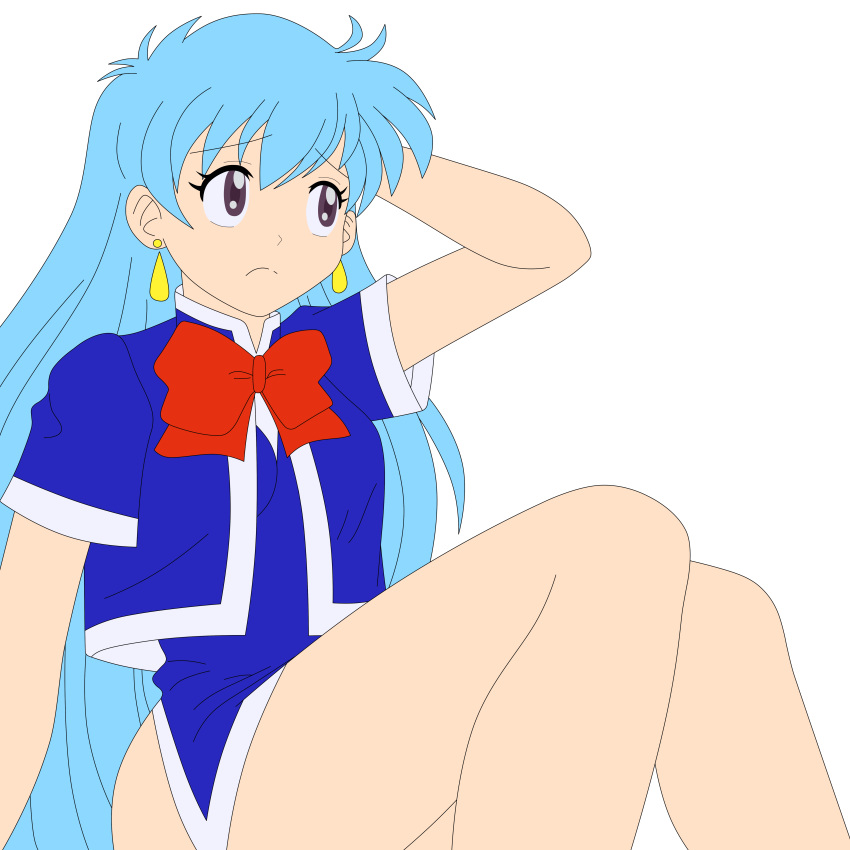 1girl aqua_hair gloves highres legs long_hair miniskirt photoshop skirt solo stewardess tenjouin_katsura thighs vector_trace violet_eyes yat_anshin_uchuu_ryokou