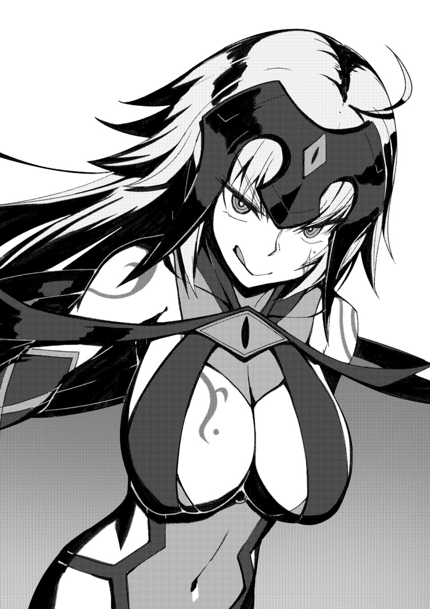 1girl :q absurdres ahoge breasts cape closed_mouth commentary_request covered_navel fate/grand_order fate_(series) greyscale headpiece highres jeanne_d'arc_(alter)_(fate) jeanne_d'arc_(fate)_(all) large_breasts long_hair looking_at_viewer monochrome navel ringed_eyes sawawse simple_background smile solo tattoo tongue tongue_out upper_body v-shaped_eyebrows white_background