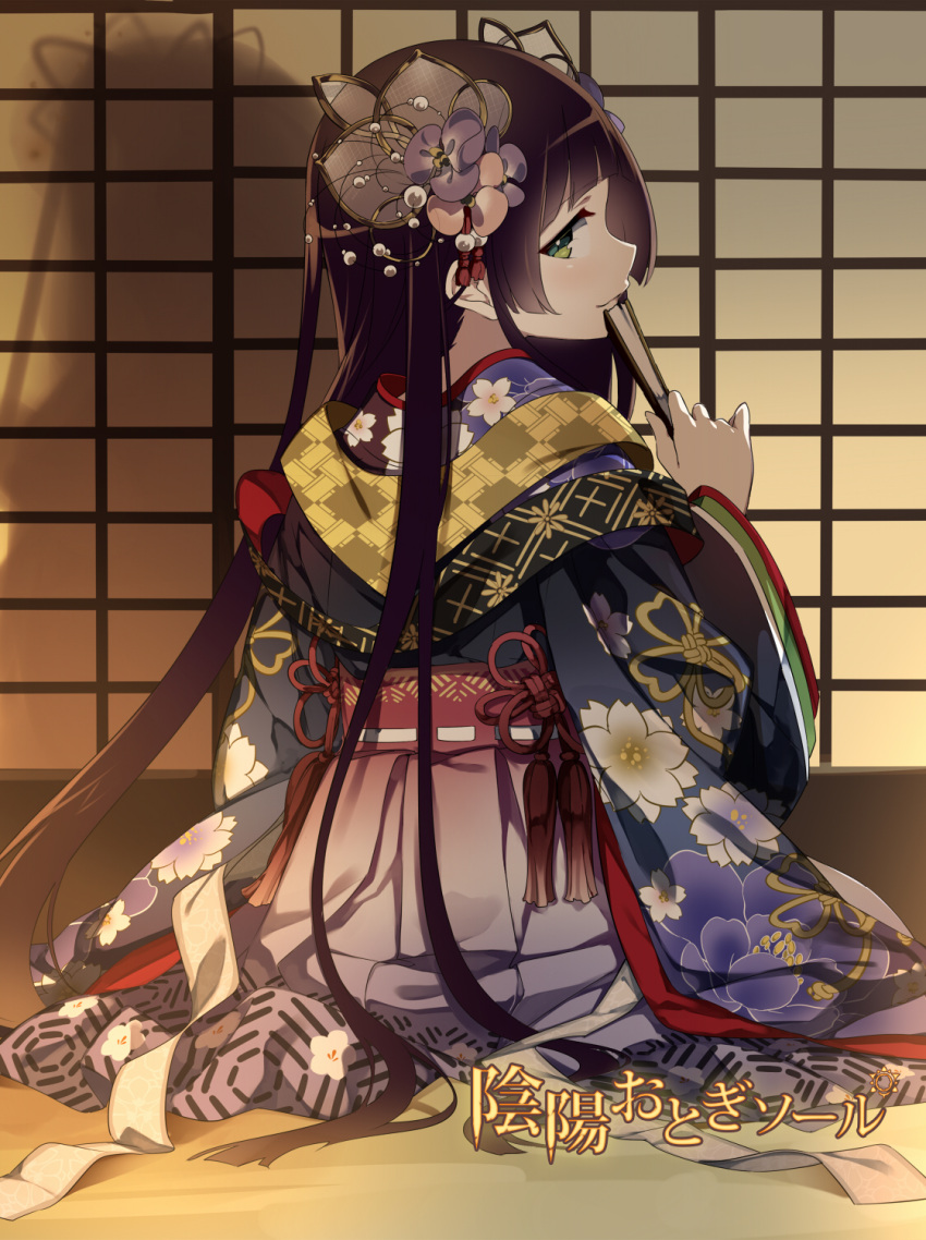 1girl brown_hair copyright_request fan floral_print flower folding_fan green_eyes hair_flower hair_ornament highres inside japanese_clothes kimono long_hair looking_back official_art paper_fan sama shadow sitting solo very_long_hair wide_sleeves