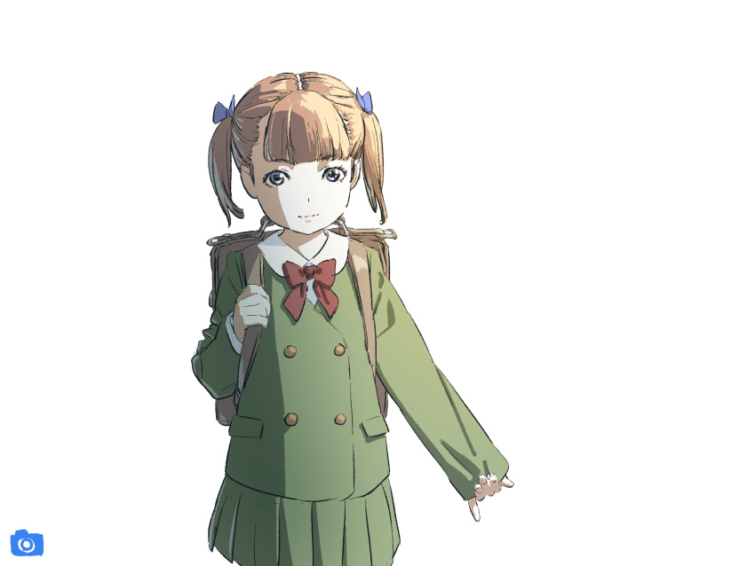 1girl blue_bow blue_eyes bow bowtie brown_hair closed_mouth green_jacket green_skirt hair_bow highres jacket long_sleeves looking_at_viewer nazoani_museum original pleated_skirt red_neckwear short_hair skirt sleeves_past_wrists smile solo standing transparent_background twintails