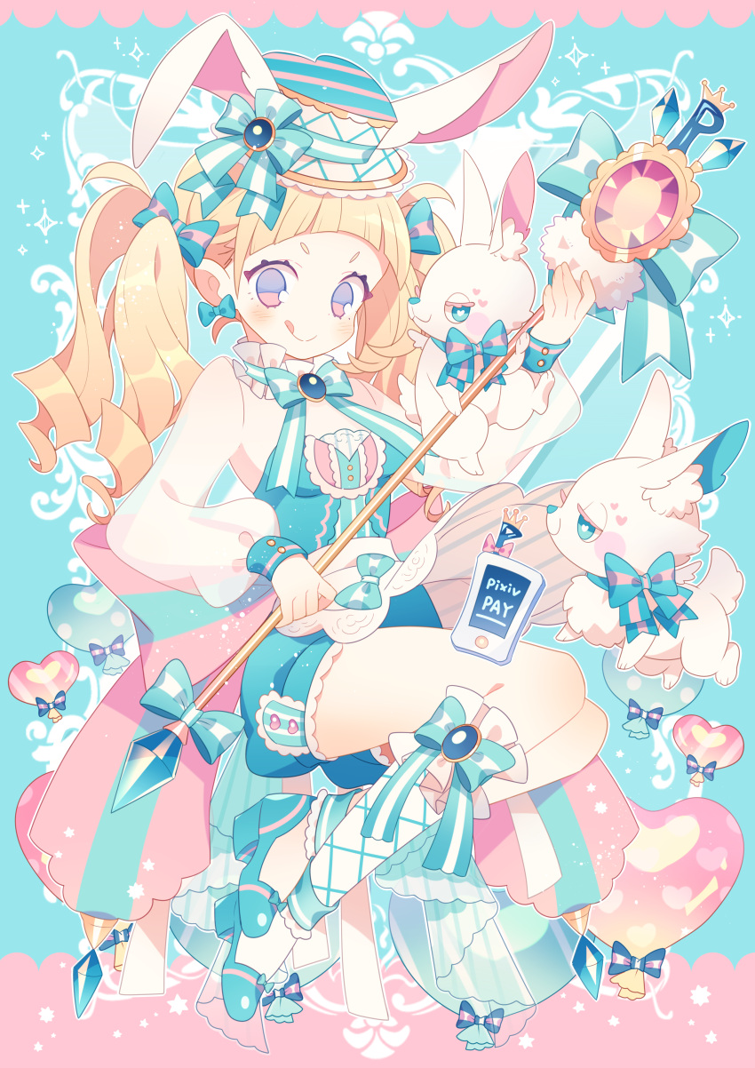 1girl :q absurdres animal animal_ears blonde_hair blue_background blue_bow blue_eyes blue_footwear blush bow bow_earrings flat_color full_body hat hat_bow heart highres kneehighs licking_lips long_hair long_sleeves looking_at_viewer original pink_eyes pixiv smile striped striped_bow tongue tongue_out twintails wakanagi_eku wand white_legwear