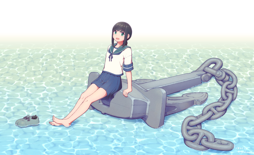 1girl :d anchor arm_support bangs barefoot black_hair blue_skirt chains dated eyebrows_visible_through_hair fubuki_(kantai_collection) full_body green_eyes highres kantai_collection long_hair looking_at_viewer mumyoudou open_mouth pleated_skirt school_uniform serafuku shirt shoes shoes_removed short_ponytail short_sleeves sidelocks sitting skirt smile soaking_feet solo twitter_username water