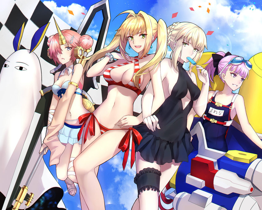 &lt;o&gt;_&lt;o&gt; 5girls animal_ears artoria_pendragon_(all) artoria_pendragon_(swimsuit_rider_alter) bandage bandaged_arm bandaged_leg bead_bracelet beads bikini bikini_skirt black_ribbon black_swimsuit blanket blonde_hair blue_bikini blue_skirt blush bracelet braid breasts clouds cosplay criss-cross_halter double_bun dutch_angle earrings eyebrows_visible_through_hair fate/apocrypha fate/grand_order fate_(series) food frankenstein's_monster_(fate) frankenstein's_monster_(swimsuit_saber)_(fate) french_braid green_eyes hair_between_eyes hair_intakes hair_ornament hair_over_one_eye hairclip halter_top halterneck headgear helena_blavatsky_(swimsuit_archer)_(fate) holding holding_weapon horn jackal_ears jacket jewelry large_breasts leg_garter locked_arms long_hair looking_at_viewer looking_away medium_breasts medjed medjed_(cosplay) multiple_girls navel nero_claudius_(fate)_(all) nero_claudius_(swimsuit_caster)_(fate) nitocris_(fate/grand_order) nitocris_(swimsuit_assassin)_(fate) open_mouth outdoors pink_hair ponytail popsicle pose purple_hair ribbon shiguru short_hair side-tie_bikini sideboob single_detached_sleeve skirt sky sleeves_past_fingers sleeves_past_wrists small_breasts striped striped_bikini swimsuit thigh-highs tsurime twintails violet_eyes weapon white_swimsuit yellow_eyes