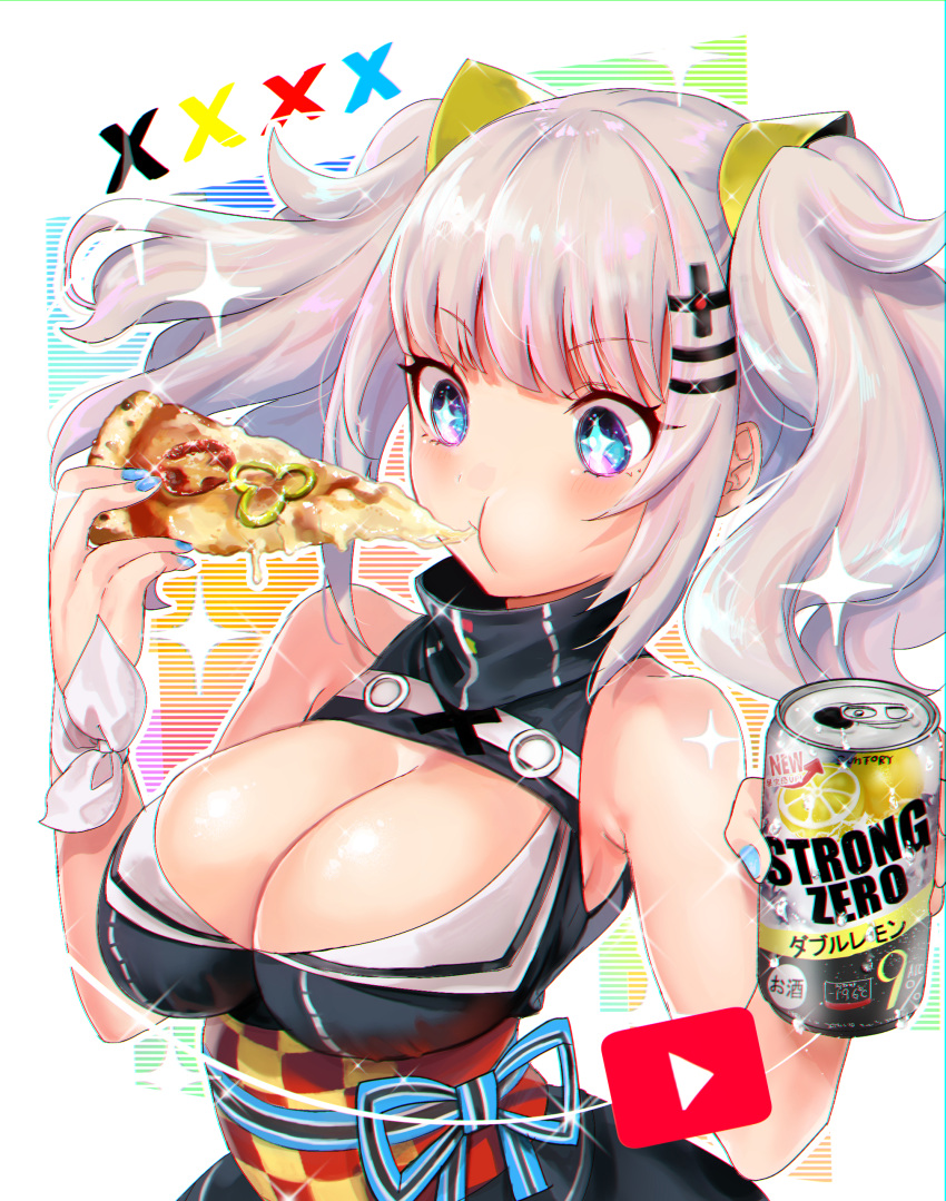 1girl absurdres black_dress blue_eyes blue_nails breasts can chromatic_aberration cleavage cleavage_cutout commentary_request dress eating eyebrows_visible_through_hair food hair_ornament highres kaguya_luna kaguya_luna_(character) large_breasts nail_polish obi pizza ribbon saise_chisa sash short_hair silver_hair sleeveless sleeveless_dress solo sparkling_eyes strong_zero twintails upper_body virtual_youtuber white_ribbon wrist_ribbon x_hair_ornament