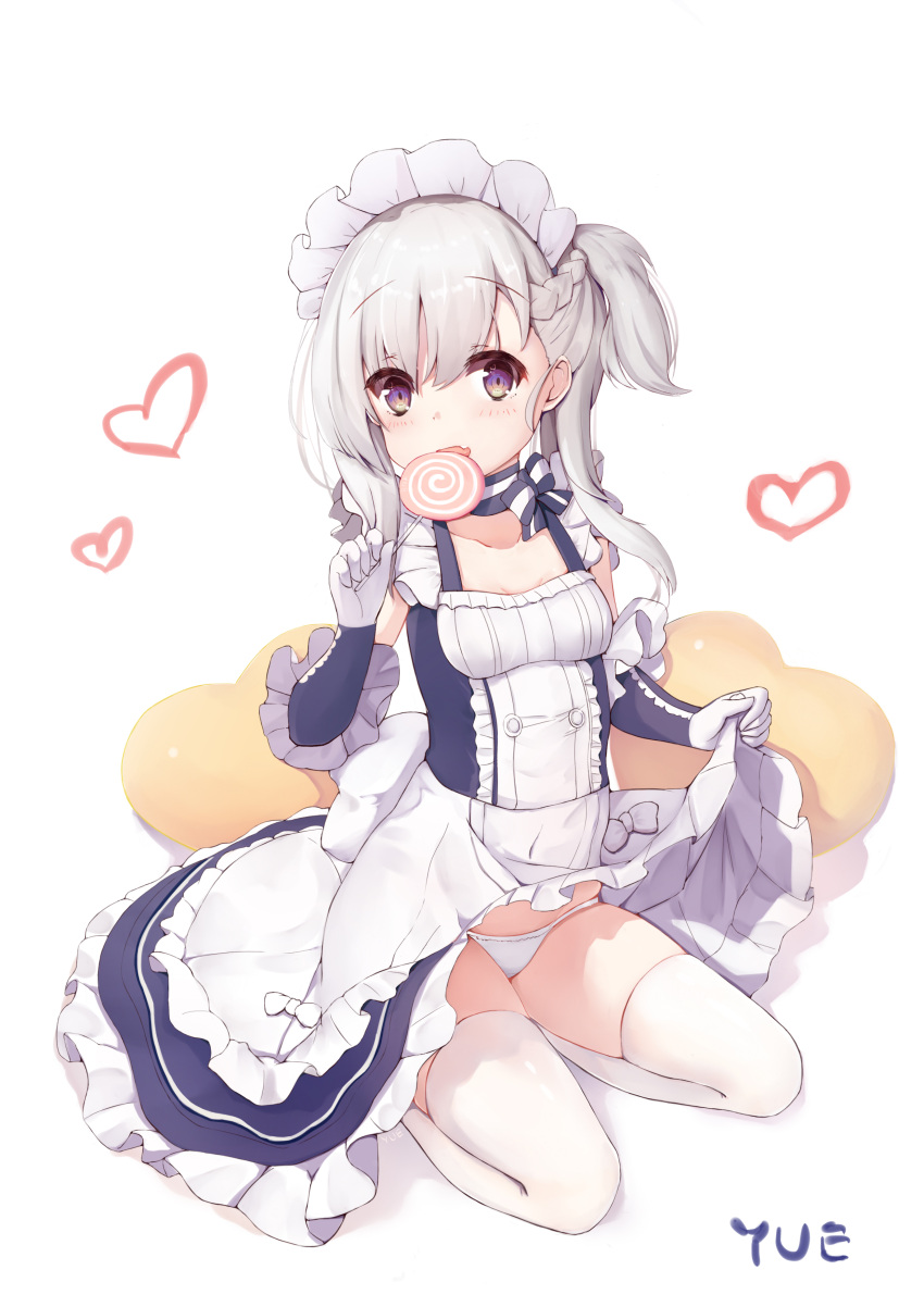 1girl absurdres apron azur_lane belchan_(azur_lane) belfast_(azur_lane) blue_dress braid brown_eyes candy commentary_request dress dress_lift eating elbow_gloves food gloves highres lifted_by_self lollipop long_hair maid_headdress open_mouth panties side_ponytail silver_hair sitting sleeveless sleeveless_dress solo thigh-highs underwear waist_apron white_legwear white_panties younger yue_(qtxyjiang)
