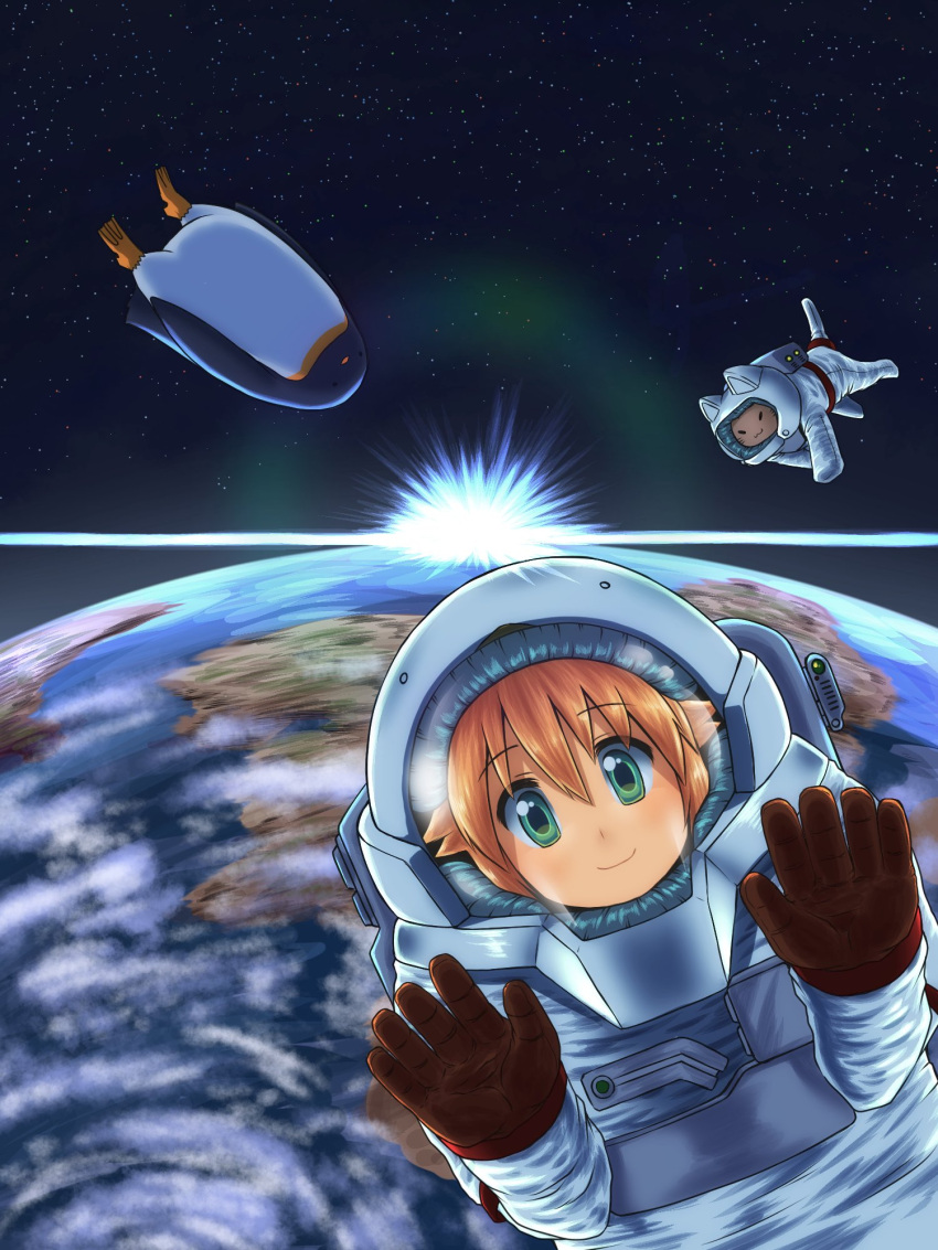 1girl bird blonde_hair cat clouds earth green_eyes highres hijikata-san_(m.m) koshirae_tsurugi m.m original penguin planet smile space spacesuit star_(sky) sun sunlight