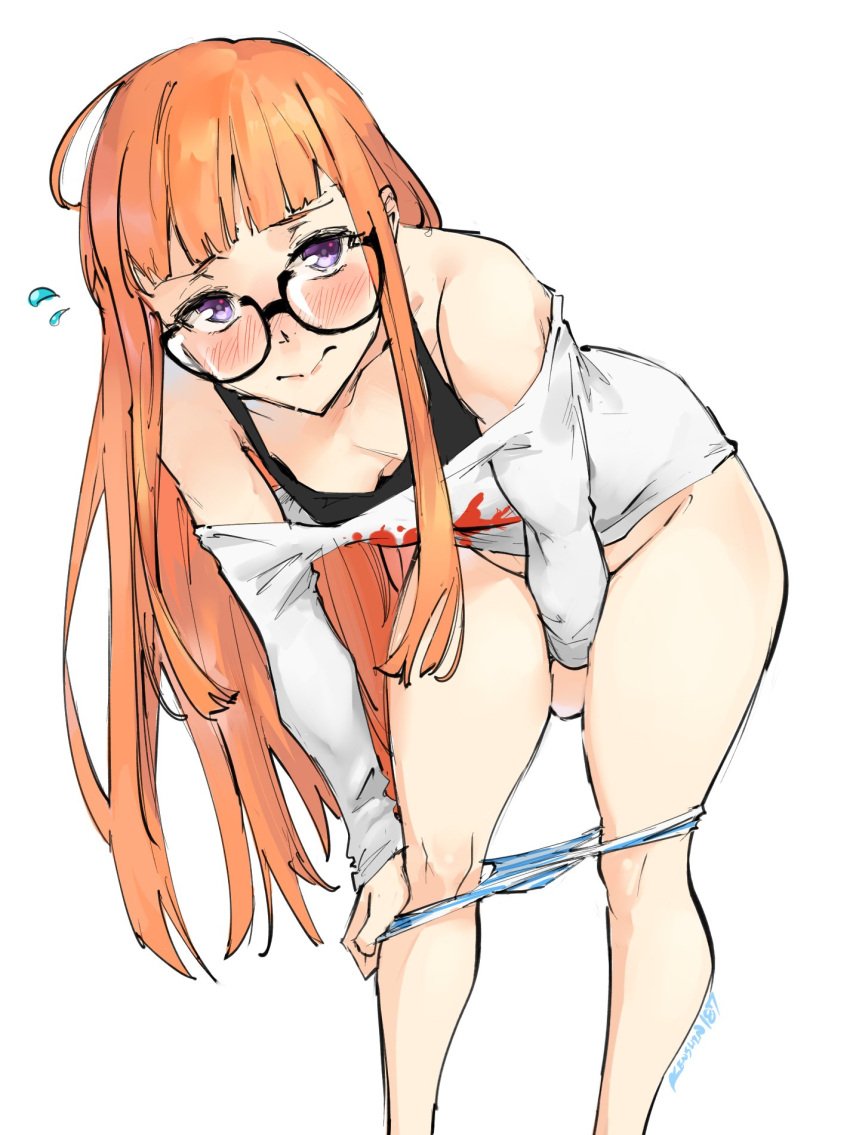 1girl ahoge bangs bent_over black-framed_eyewear blue_panties blunt_bangs blush camisole covering covering_crotch embarrassed feet_out_of_frame flying_sweatdrops highres kenshin187 long_hair long_sleeves off_shoulder orange_hair panties panty_pull persona persona_5 round_eyewear sakura_futaba semi-rimless_eyewear shirt signature simple_background solo striped striped_panties under-rim_eyewear underwear undressing violet_eyes white_background white_shirt