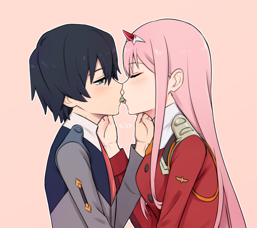 1boy 1girl bangs black_hair blue_eyes blush candy closed_eyes commentary_request couple darling_in_the_franxx eyebrows_visible_through_hair face-to-face facing_another food food_in_mouth french_kiss from_side hair_ornament hairband hand_on_another's_neck hetero highres hiro_(darling_in_the_franxx) horns k_016002 kiss long_hair long_sleeves looking_at_another military military_uniform necktie oni_horns orange_neckwear pink_hair red_horns red_neckwear sharing_food short_hair tongue tongue_out uniform white_hairband zero_two_(darling_in_the_franxx)