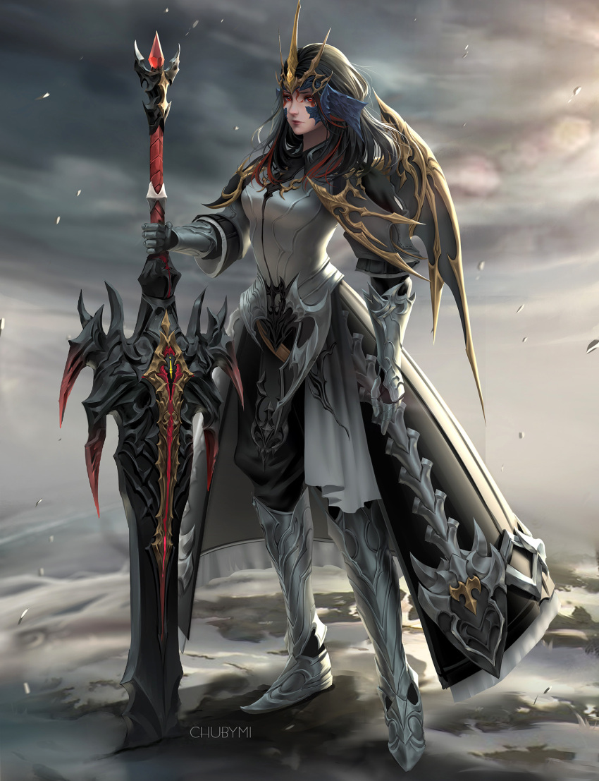 1girl armor armored_dress artist_name au_ra black_hair breasts chuby_mi closed_mouth dark_knight_(final_fantasy) dragon_horns facial_mark final_fantasy final_fantasy_xiv gauntlets greaves headdress highres holding holding_sword holding_weapon horns lips long_hair looking_at_viewer medium_breasts overcast red_eyes scales single_wing solo standing sword weapon wings