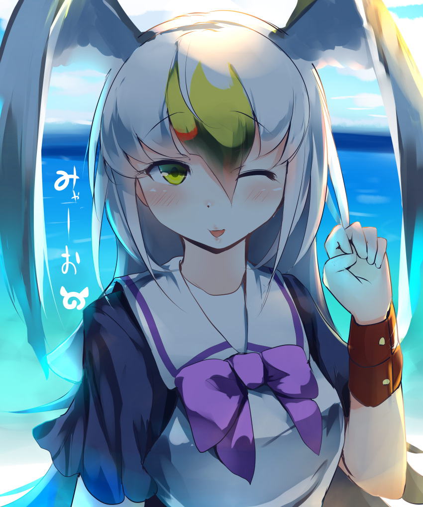 1girl absurdres bird_wings black-tailed_gull_(kemono_friends) black_hair blonde_hair bow bowtie bracelet commentary_request eyebrows_visible_through_hair head_wings highres jewelry kanzakietc kemono_friends long_hair multicolored_hair ocean one_eye_closed sailor_collar short_sleeves solo translated white_hair wings