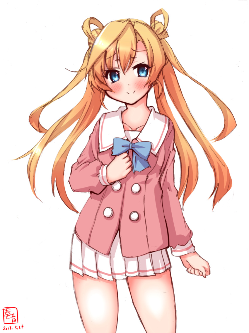 1girl abukuma_(kantai_collection) artist_logo blonde_hair blue_bow blue_eyes bow character_request commentary_request contrapposto copyright_request cosplay cowboy_shot dated double_bun hair_rings highres kanon_(kurogane_knights) kantai_collection long_hair looking_at_viewer pink_blazer pleated_skirt school_uniform serafuku simple_background skirt smile solo white_background white_skirt