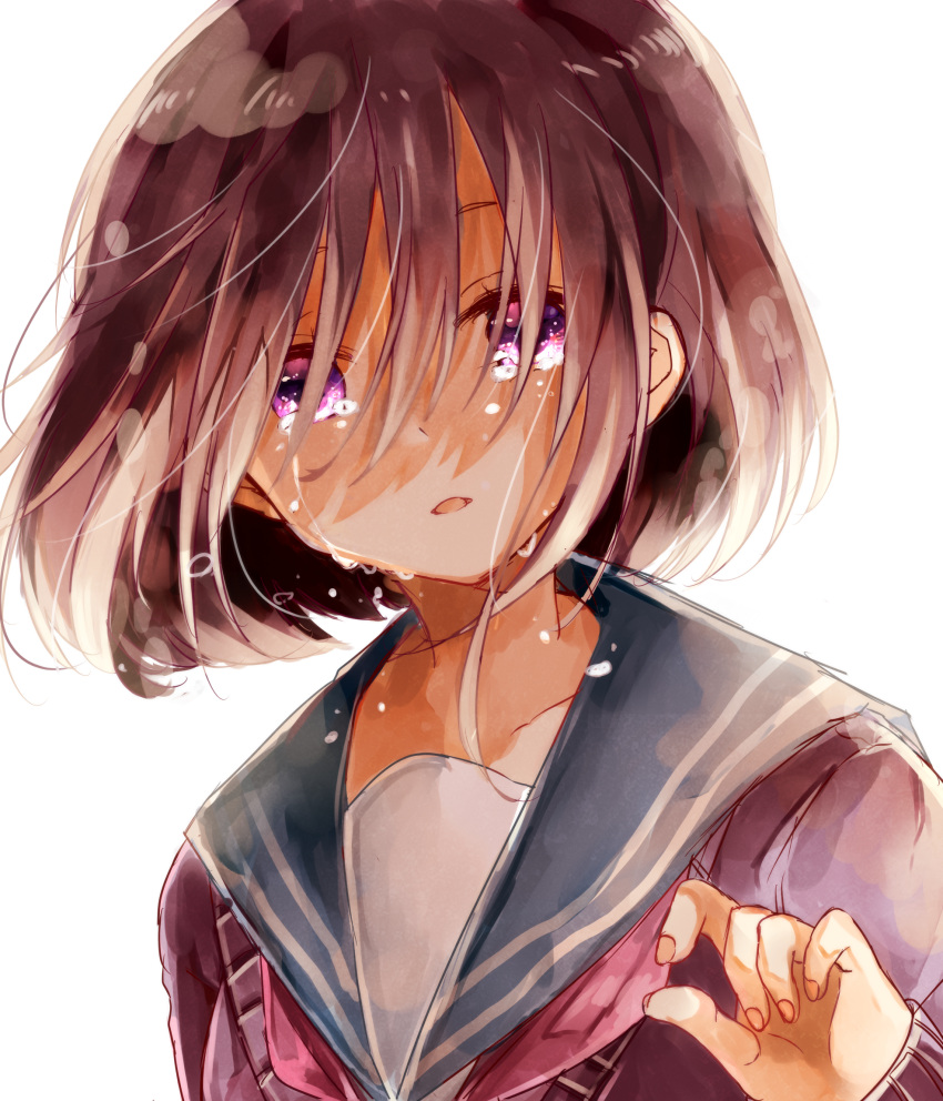 1girl bangs blue_sailor_collar brown_hair cardigan collarbone crying crying_with_eyes_open fingernails hair_over_eyes hand_up head_tilt highres long_hair long_sleeves looking_at_viewer naoton original parted_lips purple_cardigan red_neckwear sailor_collar school_uniform serafuku simple_background solo tears violet_eyes white_background