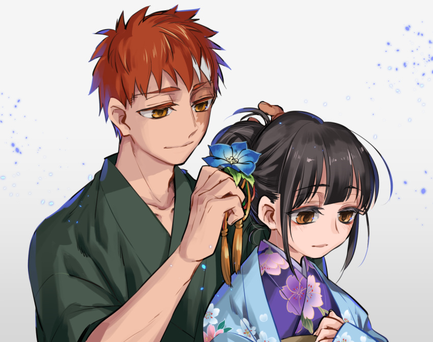 1boy 1girl black_hair blush brother_and_sister emiya_shirou eyebrows_visible_through_hair facial_scar fate/kaleid_liner_prisma_illya fate_(series) floral_print flower hair_flower hair_ornament japanese_clothes kimono long_sleeves miyu_edelfelt multicolored_hair otama_(atama_ohanabatake) redhead scar short_hair siblings smile white_hair