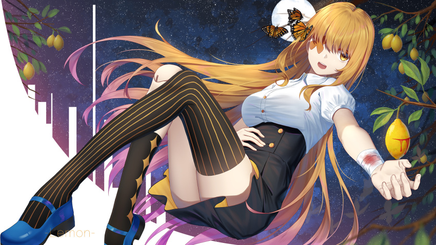 1girl :d animal bandage bandaged_arm black_legwear black_skirt blonde_hair blood blue_footwear breasts brown_eyes bug butterfly commentary doll_joints dress_shirt eyepatch food fruit hand_on_own_stomach high-waist_skirt highres insect ji_dao_ji kneehighs lemon long_hair looking_at_viewer mary_janes medium_breasts open_mouth original outstretched_arm puffy_short_sleeves puffy_sleeves round_teeth shirt shoes short_sleeves single_kneehigh single_thighhigh skirt smile solo striped striped_legwear teeth thigh-highs tree_branch upper_teeth vertical-striped_legwear vertical_stripes very_long_hair white_shirt