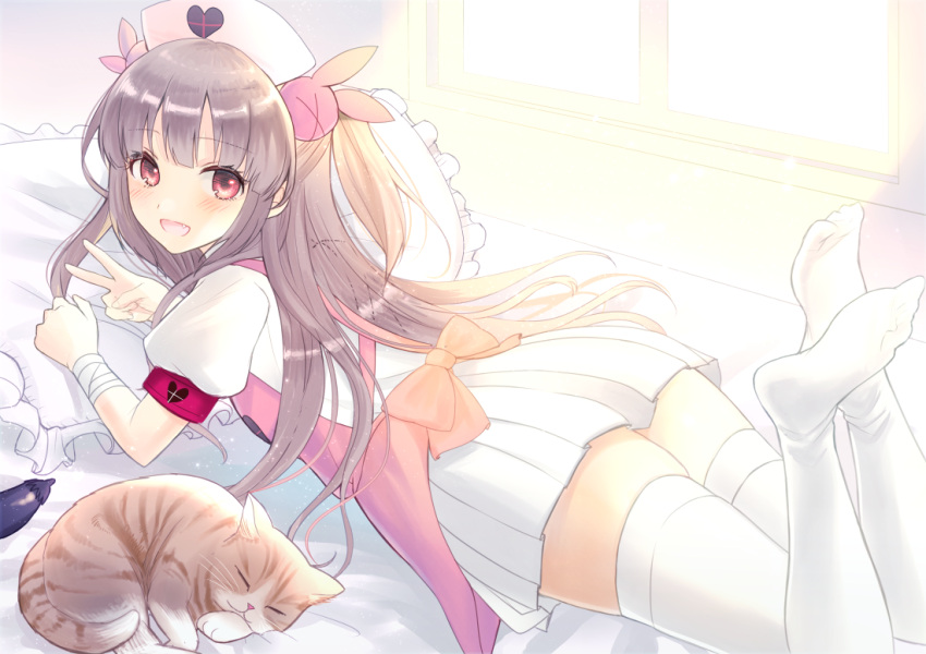 1girl bed bow brown_hair cat commentary_request eggplant eyebrows_visible_through_hair hat indoors kashiwaba_en long_hair looking_at_viewer looking_back lying natori_sana nurse_cap on_bed on_stomach pillow puffy_short_sleeves puffy_sleeves red_eyes sana_channel short_sleeves skirt solo thigh-highs thighs two_side_up virtual_youtuber white_legwear white_pillow white_skirt window zettai_ryouiki