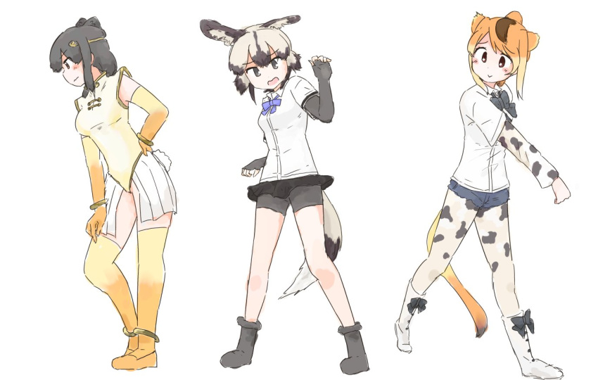 3girls :&gt; african_wild_dog_(kemono_friends) african_wild_dog_print alternate_costume animal_ears anklet bare_shoulders bear_ears bear_tail bike_shorts blonde_hair blush boots bow bowtie bracelet brown_bear_(kemono_friends) brown_hair circlet collared_shirt commentary_request cosplay costume_switch denim denim_shorts dog_ears dog_tail elbow_gloves embarrassed eyebrows_visible_through_hair fingerless_gloves gloves golden_snub-nosed_monkey_(kemono_friends) hand_on_hip jewelry leotard light_brown_hair long_sleeves monkey_ears monkey_tail multicolored_hair multiple_girls pantyhose pleated_skirt rumenia_(ao2is) shirt shoe_bow shoes short_hair short_shorts short_sleeves shorts shorts_under_skirt skirt tail thigh-highs