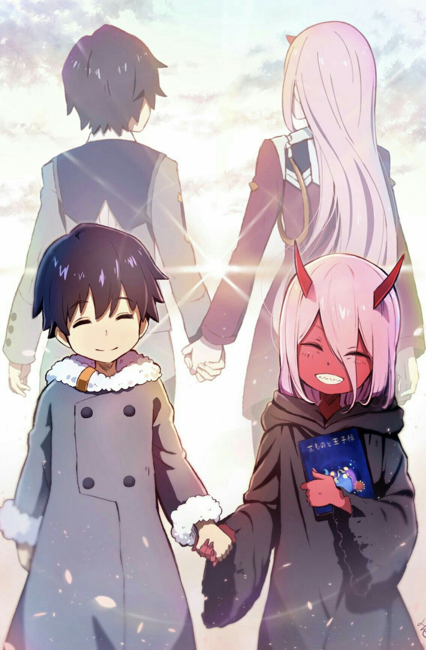 1boy 1girl ^_^ book closed_eyes coat commentary couple darling_in_the_franxx dual_persona eyebrows_visible_through_hair fingernails fur_trim grey_coat grin hair_between_eyes hand_holding happy highres hiro_(darling_in_the_franxx) holding holding_book hoshizaki_reita long_hair long_sleeves oni oni_horns pink_hair purple_hair red_horns red_skin revision robe sharp_fingernails sharp_teeth signature smile standing teeth winter_clothes winter_coat younger zero_two_(darling_in_the_franxx)