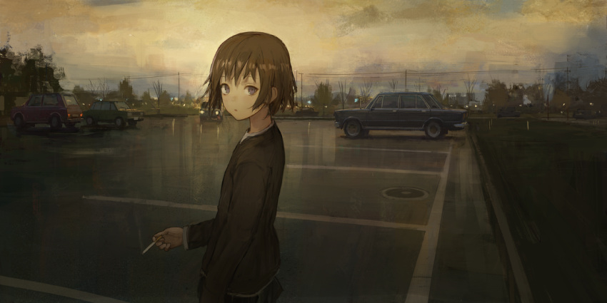 1girl bangs brown_eyes brown_hair brown_jacket car cigarette clouds cloudy_sky commentary eyebrows_visible_through_hair ground_vehicle holding holding_cigarette jacket long_sleeves looking_at_viewer looking_to_the_side motor_vehicle original outdoors parking_lot parted_lips power_lines reflection shion_(mirudakemann) short_hair sky solo tree vehicle_request
