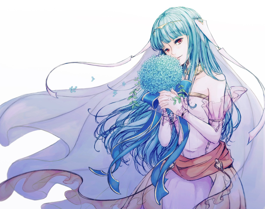 1girl artist_request bare_shoulders blue_hair bouquet bridal_veil bride cape dress fire_emblem fire_emblem:_rekka_no_ken fire_emblem_heroes flower hair_ornament highres long_hair looking_at_viewer mamkute ninian red_eyes smile solo strapless strapless_dress veil wedding_dress white_dress