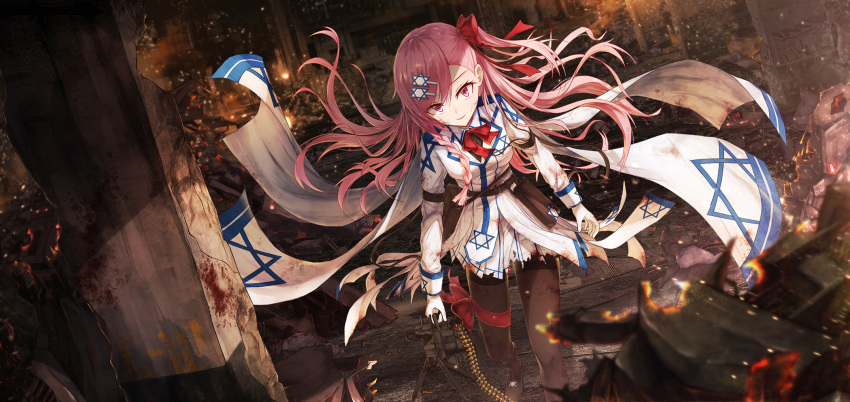 1girl asymmetrical_hair bae.c bangs black_footwear black_legwear blood blood_on_face bloody_clothes blush bow braid breasts brush buttons collared_jacket dress_shoes eyebrows_visible_through_hair fire floating_hair girls_frontline gloves grey_shirt gun hair_between_eyes hair_bow hair_ornament hair_ribbon hairclip hexagram highres holding holding_weapon imi_negev israel light_particles long_hair looking_at_viewer machine_gun medium_breasts negev_(girls_frontline) pantyhose parted_lips pillar pink_hair pleated_skirt red_bow red_eyes ribbon ruins shirt shoe_dangle side_braid sidelocks skirt smile smirk solo standing star_of_david thighband_pantyhose torn_clothes weapon white_gloves white_skirt wind wind_lift