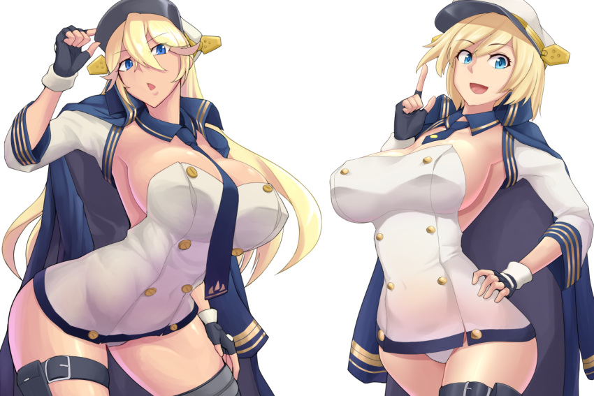 2girls azur_lane black_gloves blonde_hair blue_eyes blush breasts california_(azur_lane) cape cleavage dashigarayama dress fingerless_gloves gloves hair_between_eyes hat jacket_on_shoulders large_breasts long_hair looking_at_viewer multiple_girls necktie open_mouth short_hair simple_background smile tennessee_(azur_lane) thigh_strap very_long_hair white_background