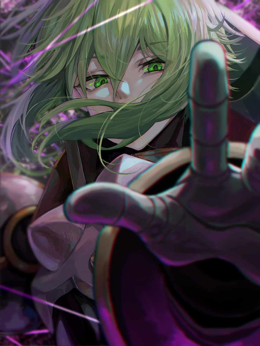 1girl absurdres armor doll_joints duel_monster el_shaddoll_winda eyebrows_visible_through_hair floating_hair foreshortening green_eyes green_hair highres joints long_hair looking_down milmir outstretched_arm outstretched_hand puppet_strings solo string upper_body yu-gi-oh!