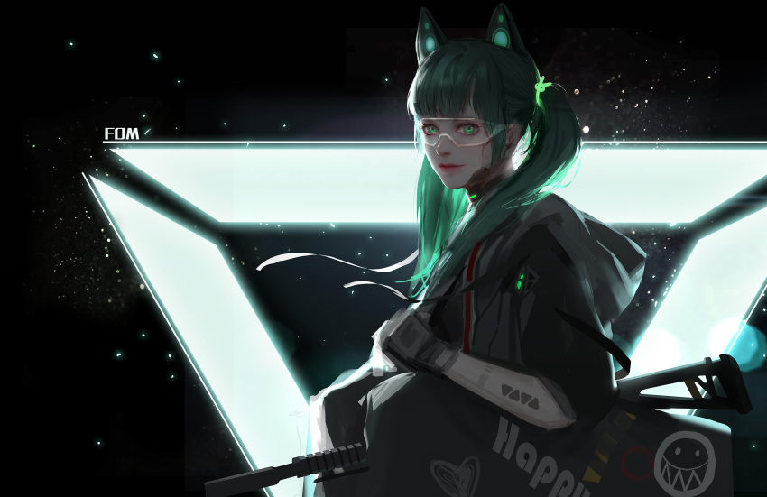 1girl animal_ears backlighting bag carrying cat_ears dark eyelashes fom_(lifotai) gloves glowing green_eyes green_hair gun hair_tie heart highres holding holding_weapon hood light_smile lips looking_at_viewer looking_to_the_side original rifle safety_glasses science_fiction smiley_face solo twintails water_drop weapon