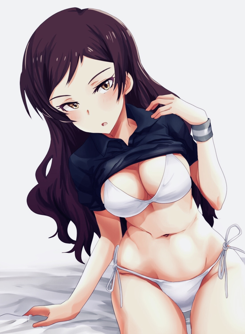 1girl :o bangs bikini blush breasts brown_eyes brown_hair commentary_request highres idolmaster idolmaster_million_live! kitazawa_shiho lifted_by_self long_hair looking_at_viewer medium_breasts navel run_p_(aveton) shirt_lift solo swimsuit swimsuit_under_clothes white_bikini