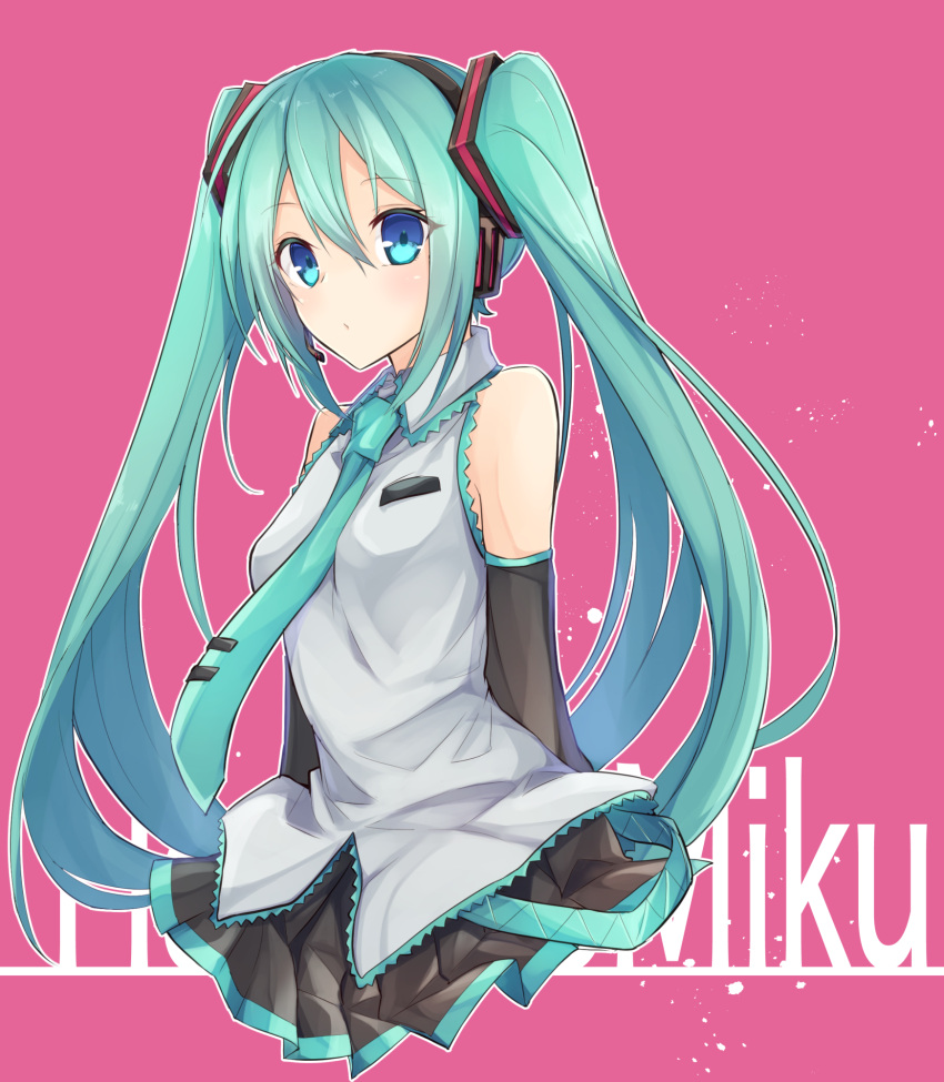 1girl aqua_eyes aqua_hair bare_shoulders character_name detached_sleeves eyebrows_visible_through_hair hair_between_eyes hatsune_miku headset hetaren_(ramark) highres long_hair necktie pink_background pleated_skirt simple_background skirt solo twintails very_long_hair vocaloid