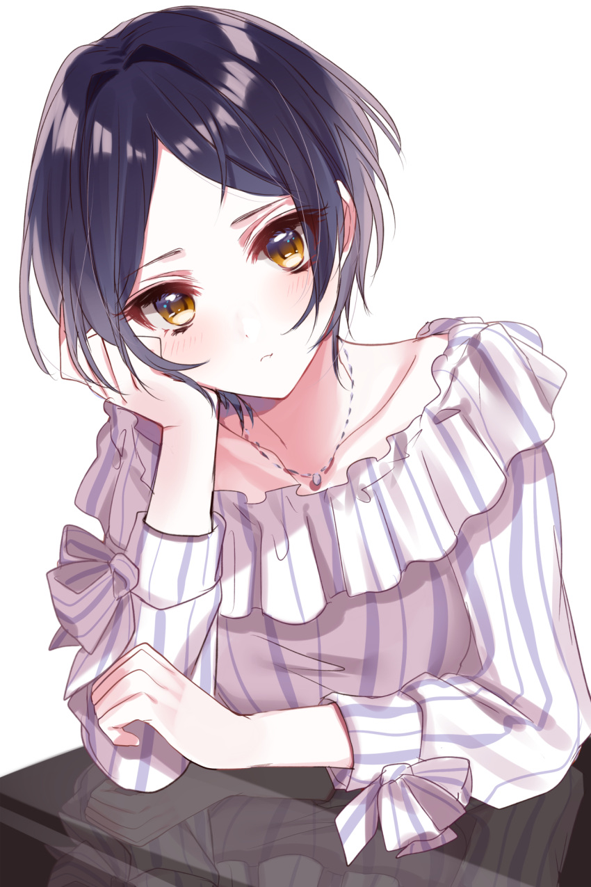1girl :t black_hair blush bow brown_eyes elbows_on_table hand_on_own_cheek hayami_kanade head_rest highres idolmaster idolmaster_cinderella_girls jewelry long_sleeves misumi_(macaroni) necklace on_table pout reflection shirt short_hair simple_background solo striped striped_bow striped_shirt table vertical-striped_shirt vertical_stripes white_background white_bow white_shirt wrist_bow