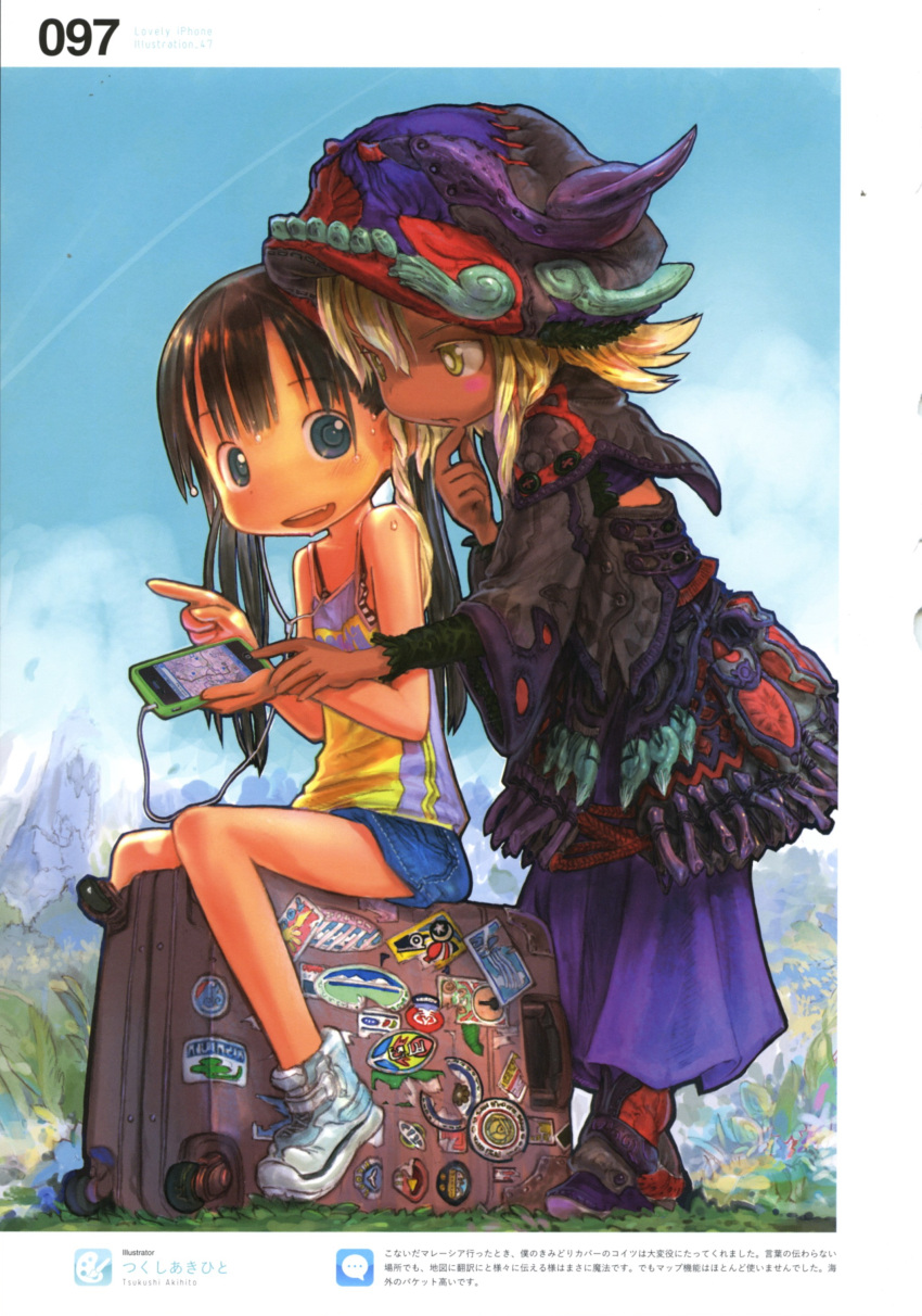 2girls :d absurdres artist_name bare_shoulders black_hair blonde_hair blue_eyes blush cellphone dark_skin earphones eyebrows_visible_through_hair grass hat highres holding iphone long_hair looking_at_another multiple_girls open_mouth original outdoors page_number phone scan short_hair shorts sitting smartphone smile suitcase sweat translation_request tsukushi_akihito twintails yellow_eyes