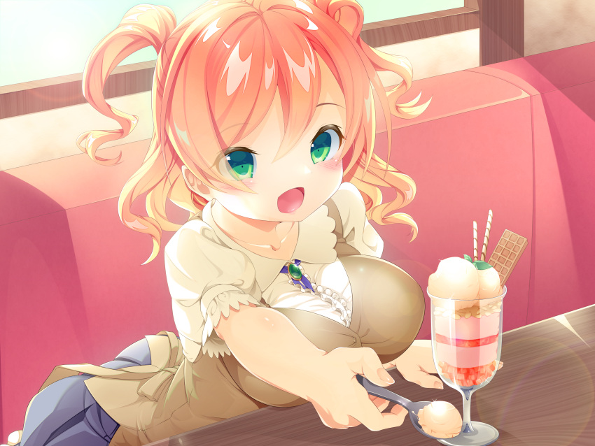 1girl :o absurdres apron blush breasts brooch chair food green_eyes highres ice_cream inside jewelry large_breasts looking_at_viewer medium_hair open_mouth orange_hair original parfait plump smile solo spoon sweets thiana0225 window