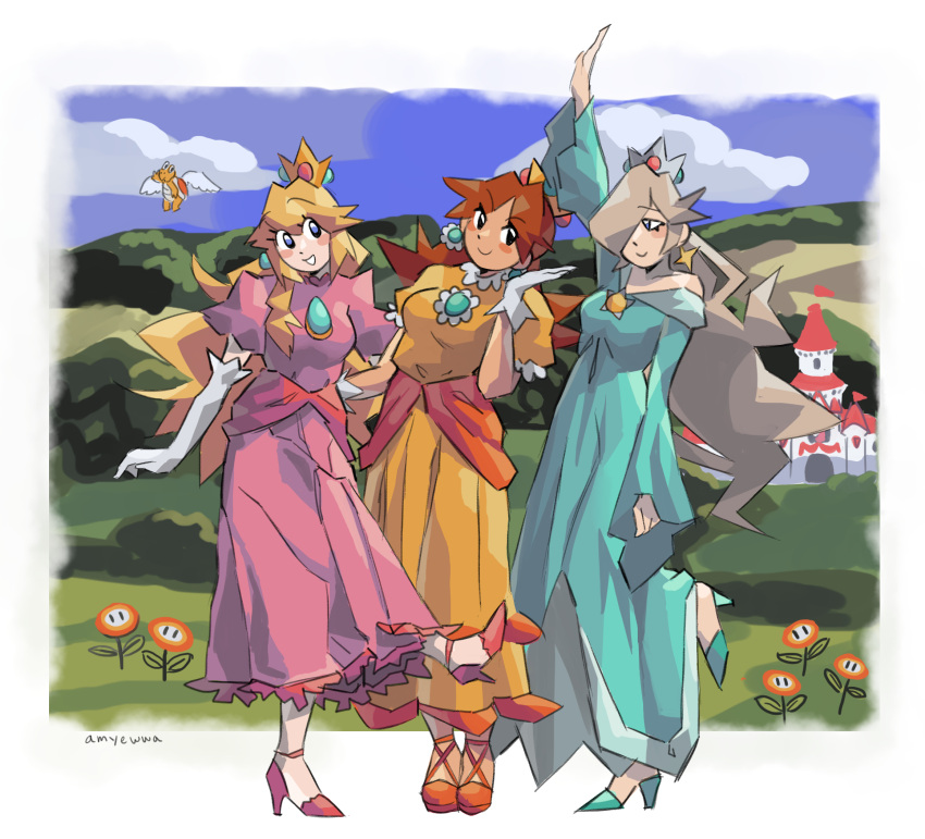 3girls amela_(shell0s) arm_at_side arm_up bare_shoulders blonde_hair blue_eyes brooch brown_hair castle crown day dress earrings elbow_gloves eyebrows_visible_through_hair flipped_hair flower flower_earrings foot_up full_body gloves green_dress green_footwear hair_over_one_eye hair_over_shoulder hand_up high_heels highres jewelry koopa_troopa long_dress long_hair long_sleeves looking_at_another super_mario_bros. multiple_girls off-shoulder_dress off_shoulder orange_footwear outdoors outstretched_arm pink_dress pink_footwear princess_daisy princess_peach puffy_short_sleeves puffy_sleeves rosetta_(mario) short_sleeves sleeves_past_wrists standing star star_earrings super_mario_bros. super_mario_galaxy very_long_hair white_gloves wide_sleeves yellow_dress