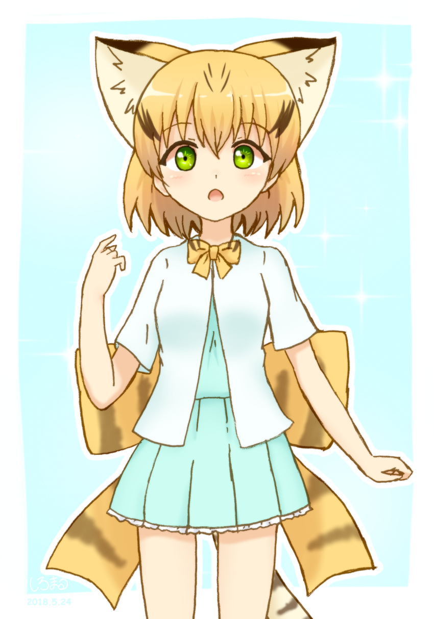 1girl :o adapted_costume animal_ears blonde_hair bow bowtie casual cat_ears cat_tail commentary_request extra_ears eyebrows_visible_through_hair green_eyes hair_between_eyes highres kemono_friends looking_at_viewer outline print_bow sand_cat_(kemono_friends) sand_cat_print shiraha_maru short_hair solo tail white_outline