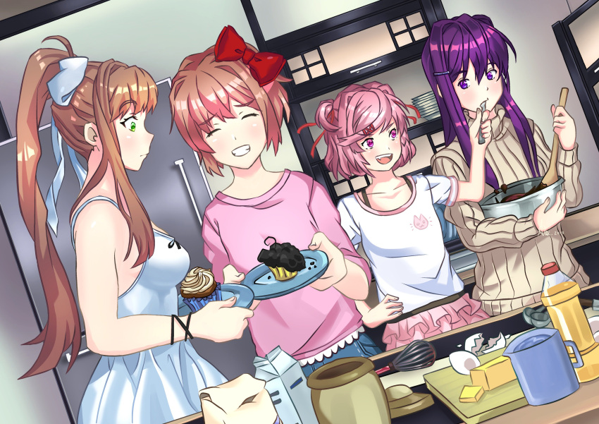 4girls :d absurdres bow brown_hair casual closed_eyes commentary cupcake doki_doki_literature_club dutch_angle english_commentary eyebrows_visible_through_hair fang food green_eyes grin hair_bow hair_ornament hair_ribbon hairclip hand_on_hip highres indoors long_hair mixing_bowl monika_(doki_doki_literature_club) multiple_girls natsuki_(doki_doki_literature_club) open_mouth pink_eyes pink_hair plate ponytail purple_hair red_bow red_ribbon ribbon sayori_(doki_doki_literature_club) short_hair smile violet_eyes white_ribbon wightricealex yuri_(doki_doki_literature_club)