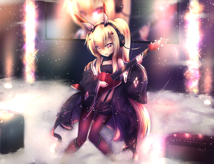 1girl ayanami_(azur_lane) azur_lane bangs bare_shoulders black_jacket black_shorts blonde_hair blurry blurry_background blush brown_legwear commentary_request crop_top depth_of_field electric_guitar eyebrows_visible_through_hair glint guitar hair_between_eyes headgear headpiece headset high_ponytail highres holding holding_instrument instrument jacket jewelry kpan_(kpan123456) long_hair long_sleeves music open_fly pantyhose parted_lips playing_instrument ponytail red_eyes ring short_shorts shorts sidelocks smoke solo stage very_long_hair wedding_band wide_sleeves
