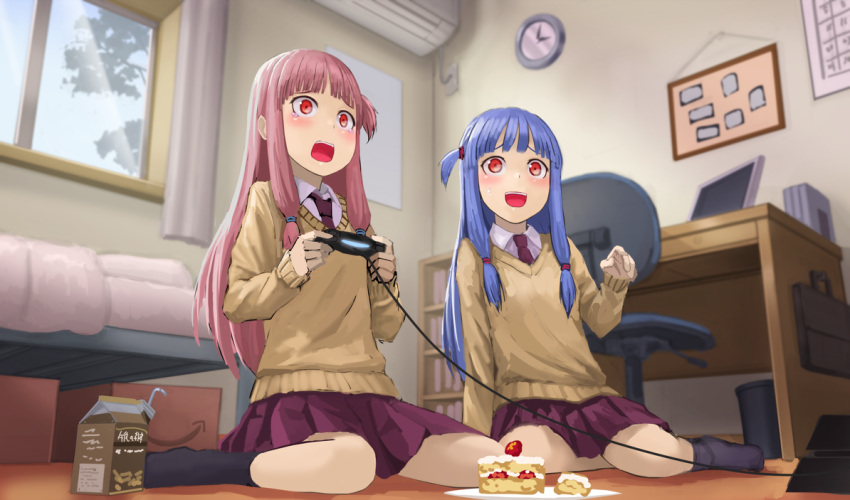 2girls air_conditioner amazon_(company) bed bedroom blue_hair blush box cake cardboard_box cardigan chair clock computer desk drink food from_below hand_up indoors kotonoha_akane kotonoha_aoi kurione_(zassou) light_rays long_hair multiple_girls necktie one_side_up open_mouth pink_hair plate playing_games red_eyes school_uniform siblings sidelocks sisters sitting sweatdrop tearing_up tree voiceroid wariza window yokozuwari