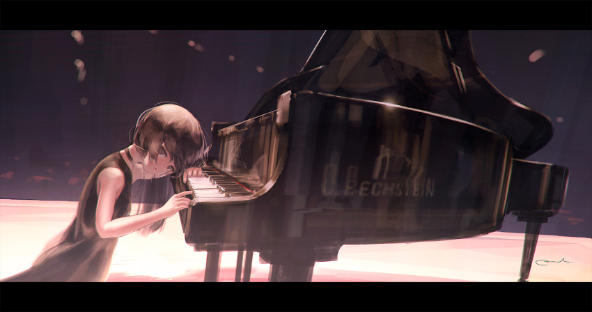 1girl black_dress black_eyes black_hair choker commentary dark dress head_rest highres instrument leaning_forward letterboxed light_particles long_hair looking_at_viewer looking_to_the_side open_mouth original piano reoen signature sleeveless sleeveless_dress solo