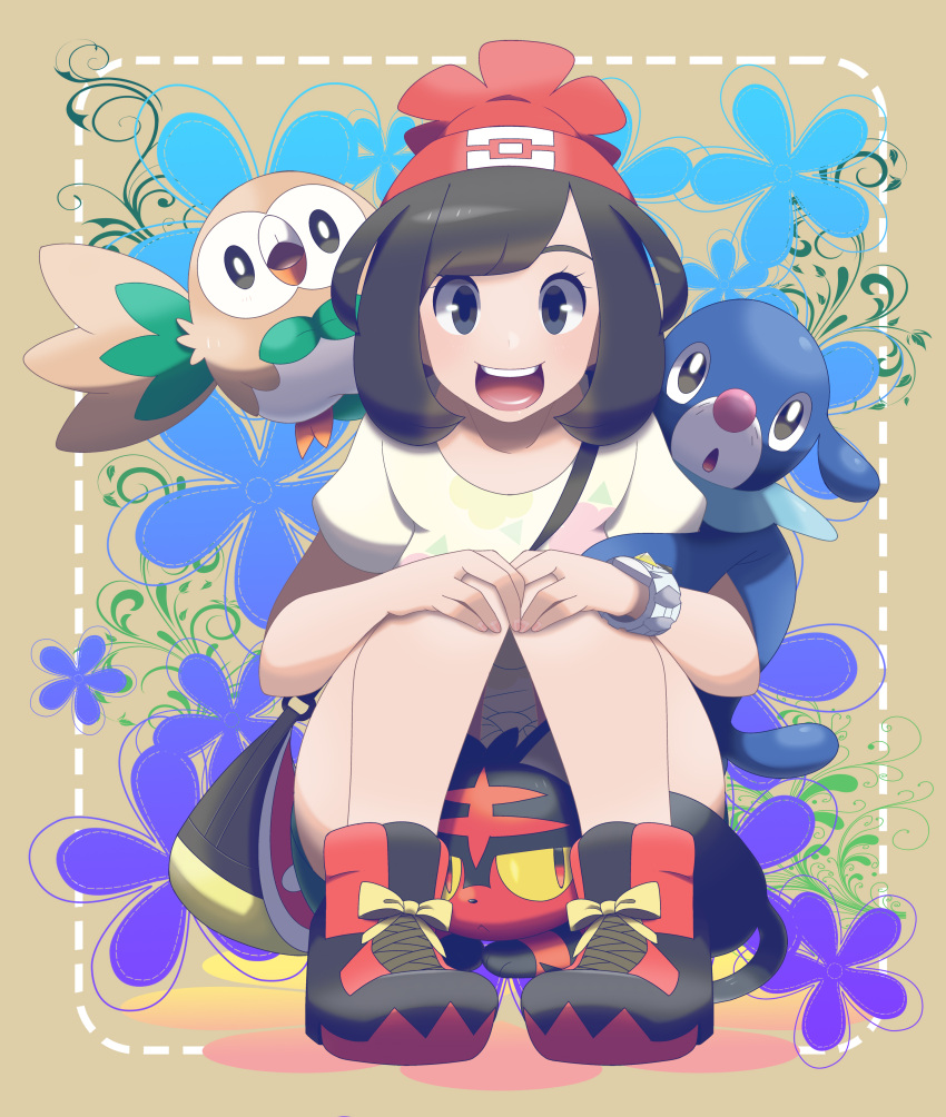 1girl :d absurdres bag bangs bare_arms beanie black_eyes black_hair bracelet eyebrows eyelashes facing_viewer floral_print gen_7_pokemon handbag hands_on_own_knees hat highres jewelry litten looking_at_viewer midoko mizuki_(pokemon) open_mouth pigeon-toed poke_ball_theme pokemon pokemon_(creature) pokemon_(game) pokemon_sm popplio red_hat rowlet shirt shoes short_hair smile sneakers squatting swept_bangs t-shirt teeth tongue white_shirt z-ring