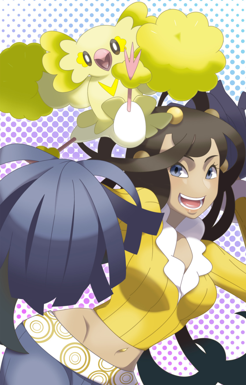 1girl :d absurdres blue_eyes breasts brown_hair crop_top dahlia_(pokemon) dark_skin eyebrows eyelashes frontier_brain gen_7_pokemon hair_ornament highres hip_bones long_hair long_sleeves lowleg lowleg_pants medium_breasts midoko navel navel_piercing open_mouth oricorio pants piercing pokemon pokemon_(creature) pokemon_(game) pokemon_dppt ribbed_shirt shirt smile teeth yellow_shirt