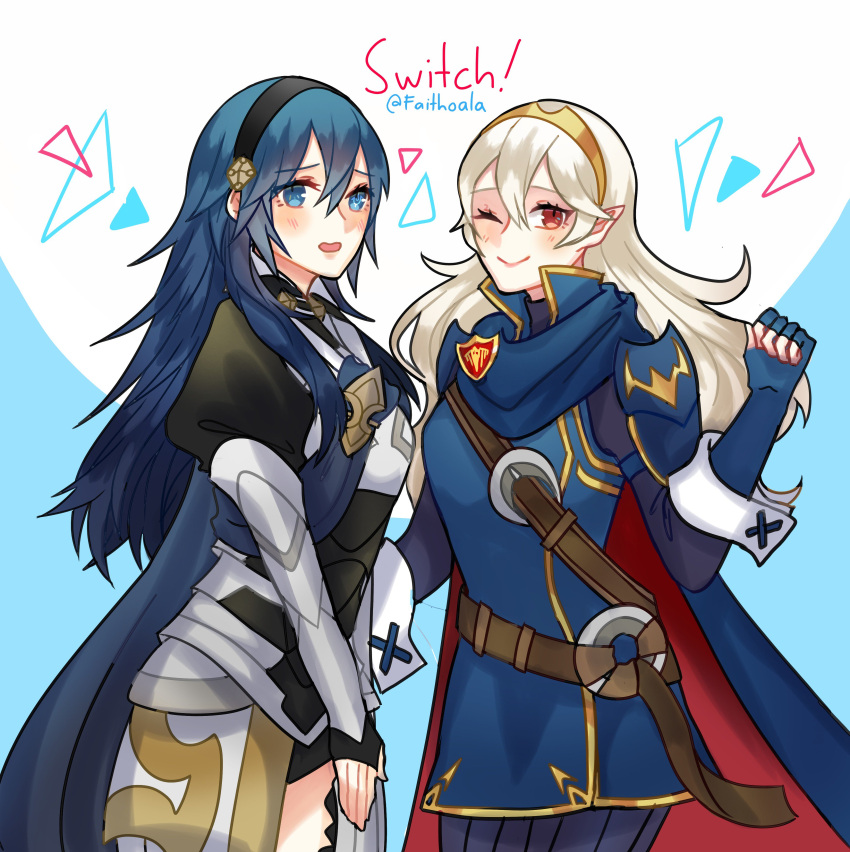 2girls absurdres armor armored_dress blue_eyes blue_hair blush cape commentary cosplay eyebrows_visible_through_hair faithoala female_my_unit_(fire_emblem_if) female_my_unit_(fire_emblem_if)_(cosplay) fire_emblem fire_emblem:_kakusei fire_emblem_heroes fire_emblem_if fire_emblem_musou hair_ornament highres long_hair looking_at_viewer lucina lucina_(cosplay) multiple_girls my_unit_(fire_emblem_if) one_eye_closed pointy_ears red_eyes smile tiara twitter_username white_hair