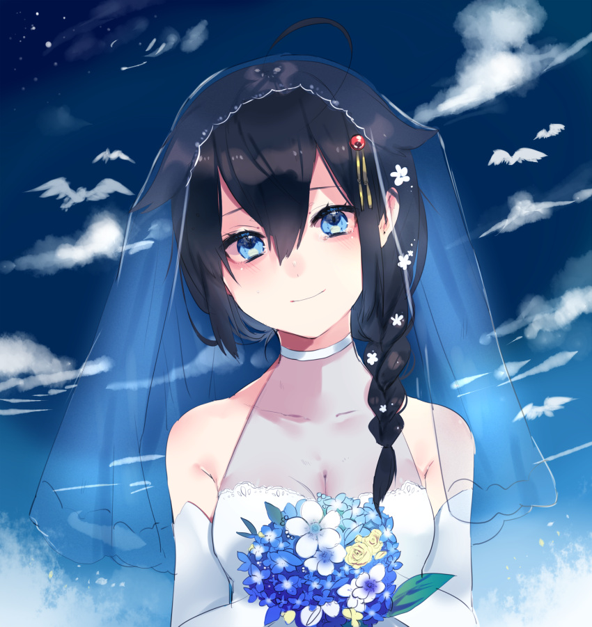 1girl ahoge bangs bare_shoulders bird blue_eyes blue_sky blush bouquet braid breasts bridal_veil choker cleavage closed_mouth clouds collarbone day dress elbow_gloves flower gloves hair_between_eyes hair_flaps hair_ornament hair_over_shoulder happy_tears head_tilt highres holding holding_bouquet kantai_collection long_hair medium_breasts outdoors punya remodel_(kantai_collection) shigure_(kantai_collection) sidelocks single_braid sky smile tearing_up tears upper_body veil wedding_dress white_choker white_dress white_gloves