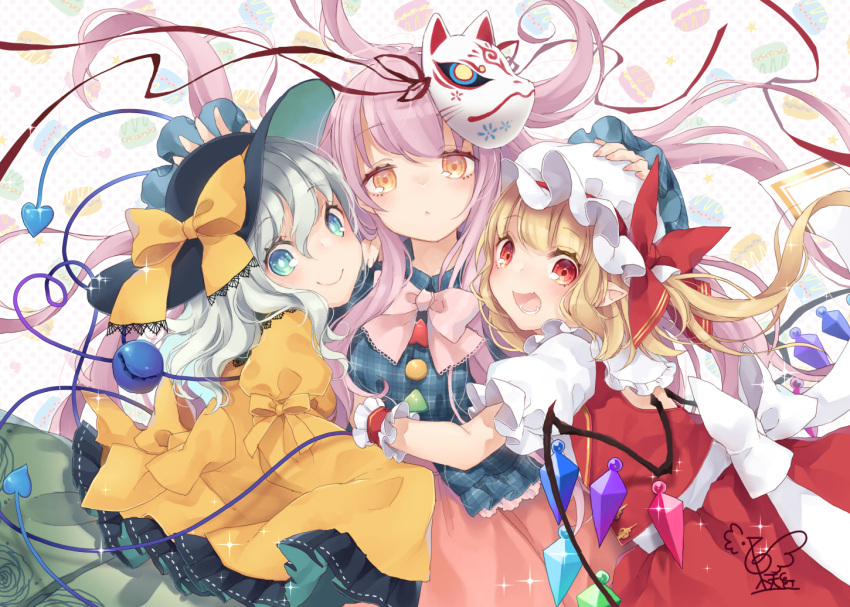 3girls :&lt; :d bangs blonde_hair blouse blue_eyes bow commentary_request eyebrows_visible_through_hair fang flandre_scarlet floral_print food food_themed_background fox_mask from_side green_skirt group_hug hair_between_eyes hand_on_another's_head hat hat_ribbon hata_no_kokoro heart heart_of_string hug komeiji_koishi long_hair long_sleeves looking_at_viewer looking_back macaron mask medium_hair mob_cap multiple_girls open_mouth orange_eyes pink_bow pink_hair pink_skirt plaid plaid_shirt pointy_ears polka_dot polka_dot_background puffy_short_sleeves puffy_sleeves red_eyes red_skirt red_vest ribbon rose_print shirt short_hair short_sleeves side_ponytail sidelocks signature silver_hair skirt smile sparkle teeth third_eye touhou toutenkou triangle upper_body vest white_background wings wrist_cuffs yellow_blouse