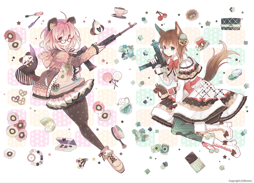 2girls animal_ears bangs boots bow braid brown_footwear brown_hair brown_jacket brown_legwear brown_shirt candy capelet chocolate closed_mouth cross-laced_footwear cup dog_ears dog_girl dog_tail dress eyebrows_visible_through_hair food food_themed_hair_ornament fur-trimmed_boots fur_trim glasses green_eyes green_legwear gun hair_between_eyes hair_brush hair_ornament holding holding_gun holding_weapon hood hood_down hooded_jacket jacket lace-up_boots lollipop long_hair long_sleeves macaron macaron_hair_ornament makeup mascara multiple_girls open_clothes open_jacket original pantyhose pink_hair pleated_skirt red-framed_eyewear red_bow red_eyes rednian saucer scope shirt shoes skirt sleeves_past_wrists striped striped_legwear swirl_lollipop tail teacup twin_braids vertical-striped_legwear vertical_stripes weapon weapon_request white_capelet white_dress white_footwear wolf_ears wolf_girl wolf_tail wooden_horse